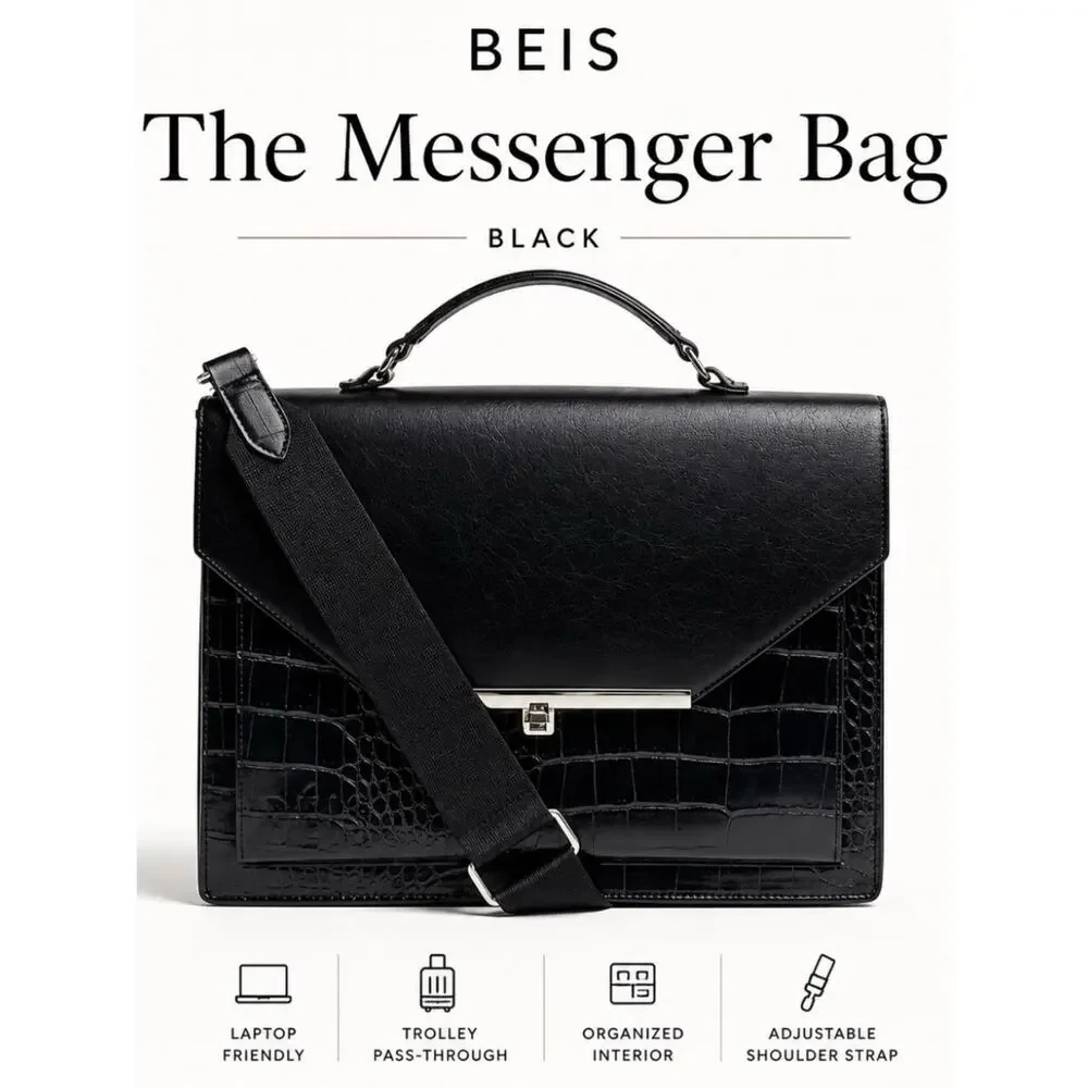 BEIS Black Leather Croc Embossed Padded Laptop Bag with Shoulder Strap